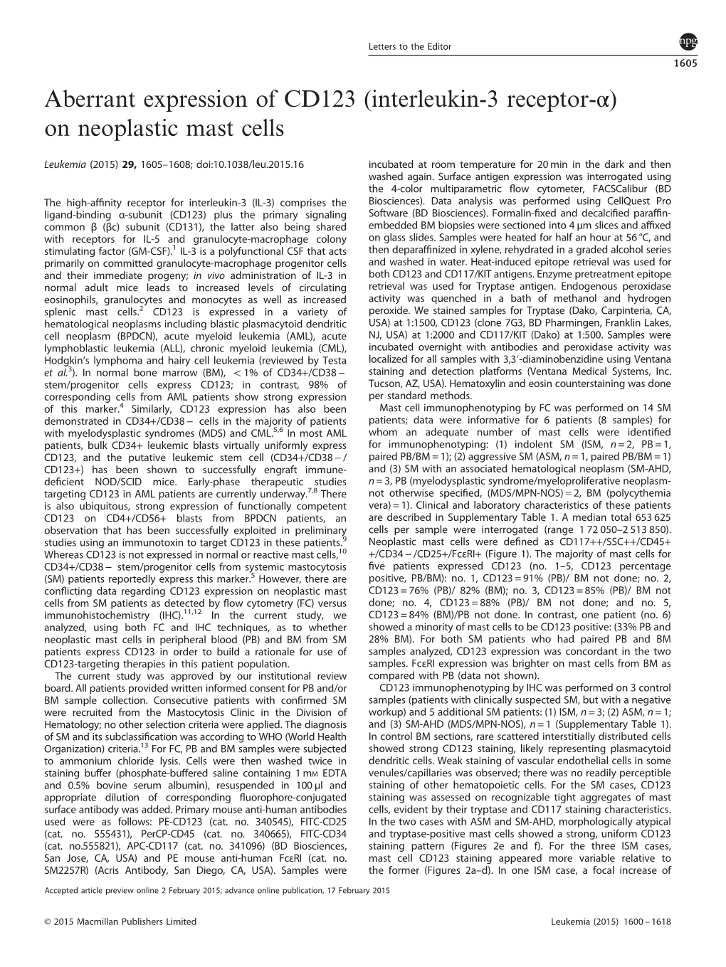 Aberrant Expression of CD123 (Interleukin-3 Receptor-Α) on Neoplastic Mast Cells