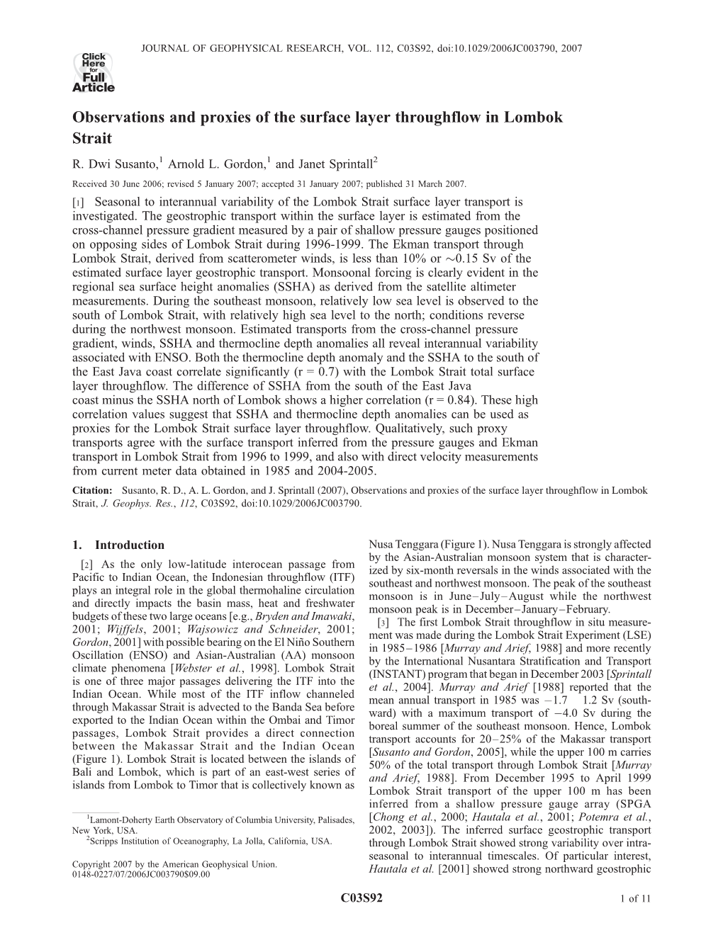 Observations and Proxies of the Surface Layer Throughflow in Lombok Strait R