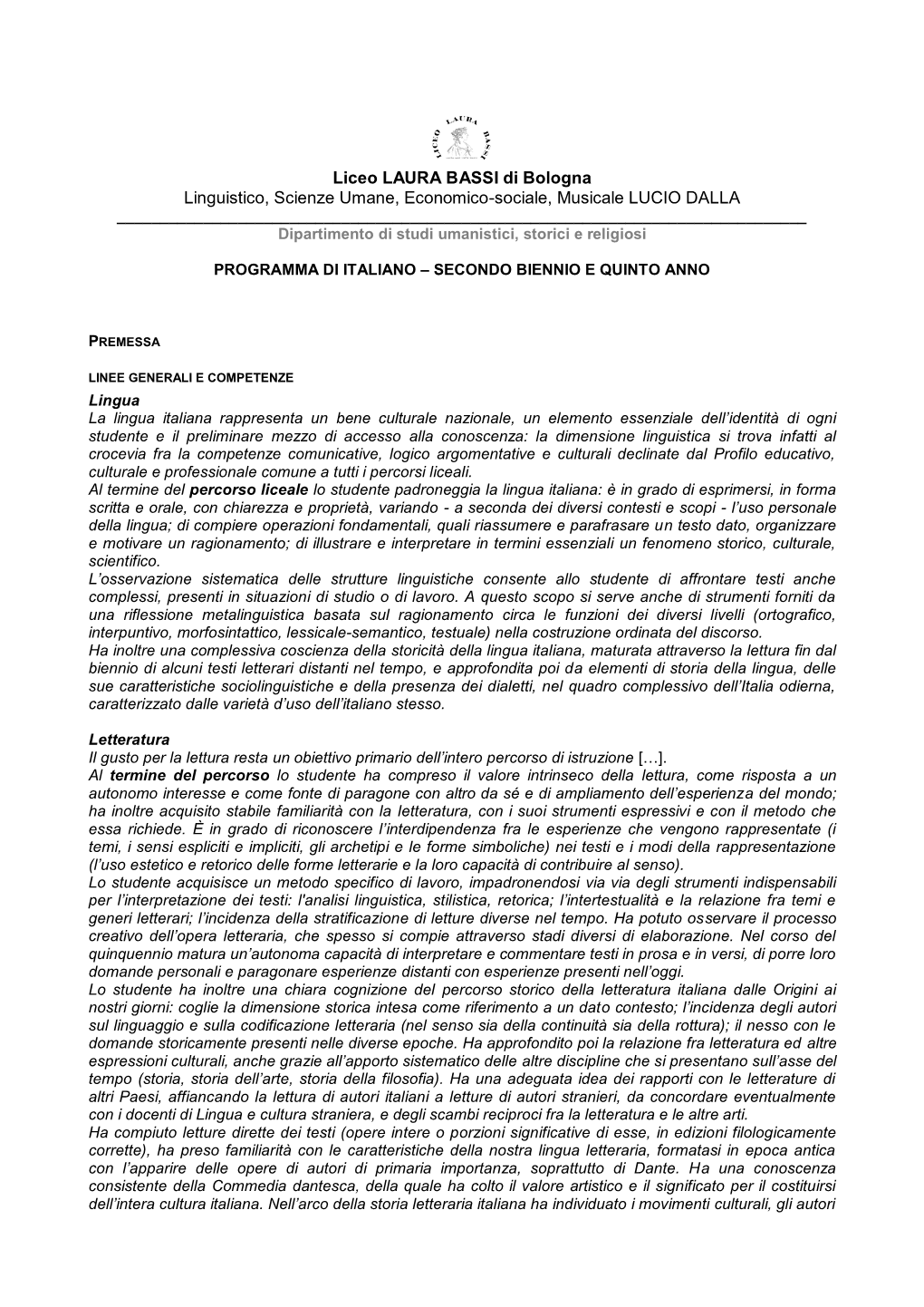 Liceo LAURA BASSI Di Bologna Linguistico, Scienze Umane, Economico-Sociale, Musicale LUCIO DALLA ______Dipartimento Di Studi Umanistici, Storici E Religiosi