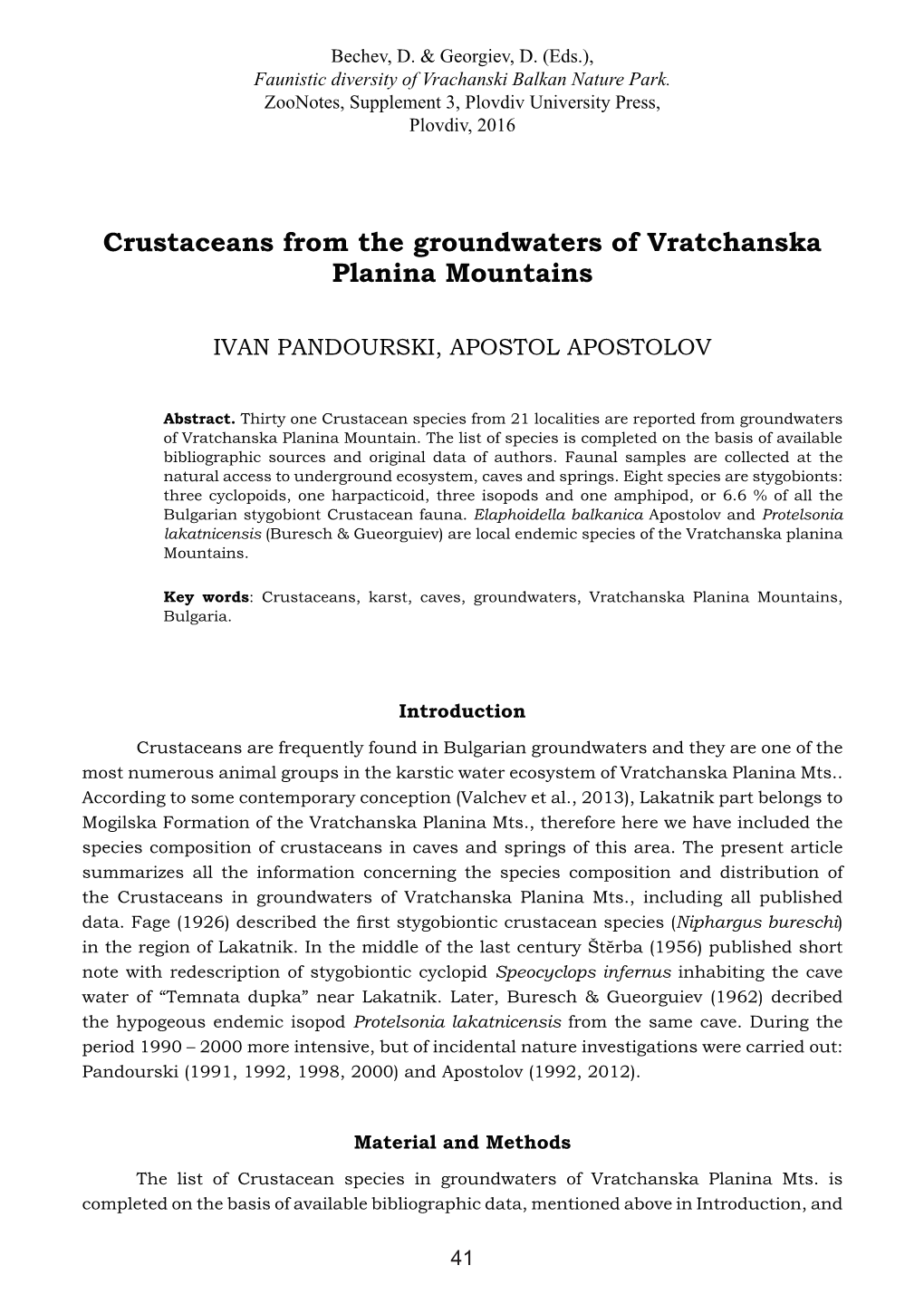 Crustaceans from the Groundwaters of Vratchanska Planina Mountains