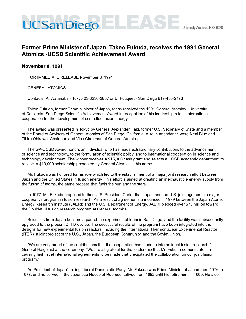 Former Prime Minister of Japan, Takeo Fukuda, Receives the 1991 General Atomics -UCSD Scientific Achievement Award