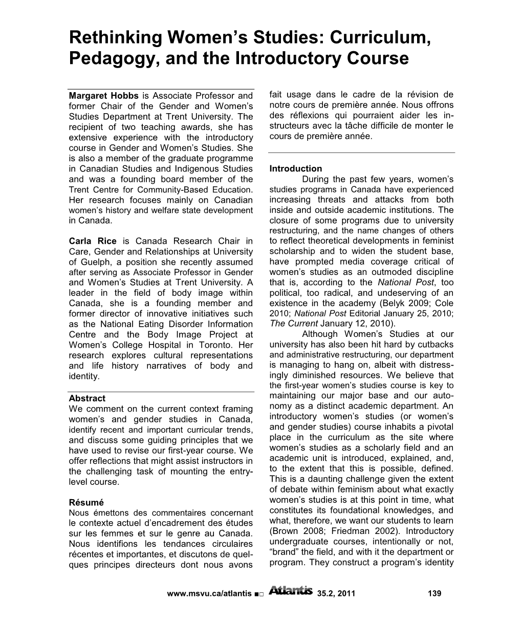 Curriculum, Pedagogy, and the Introductory Course
