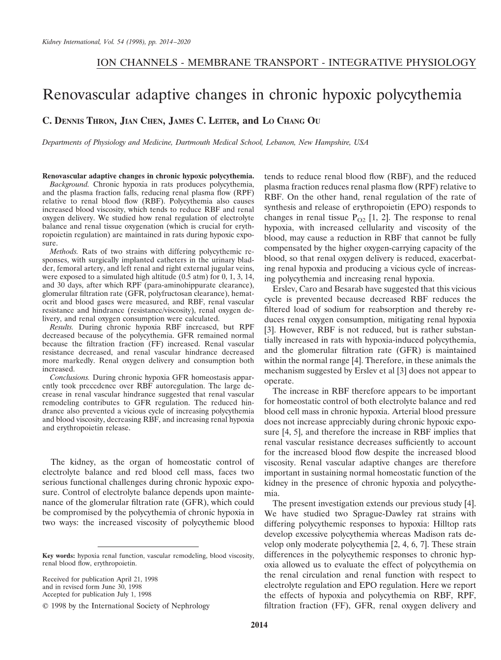 Renovascular Adaptive Changes in Chronic Hypoxic Polycythemia