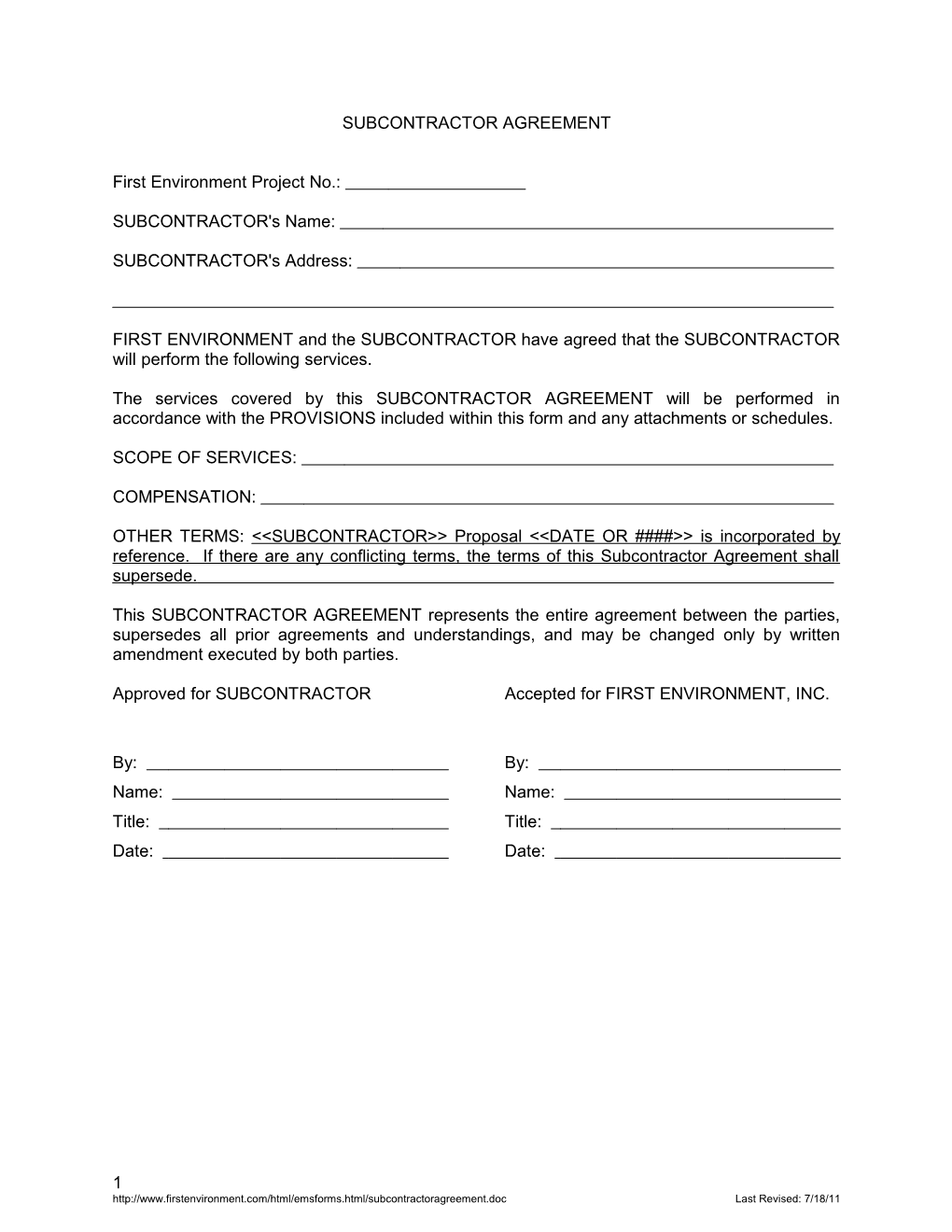 Subcontractor Agreement