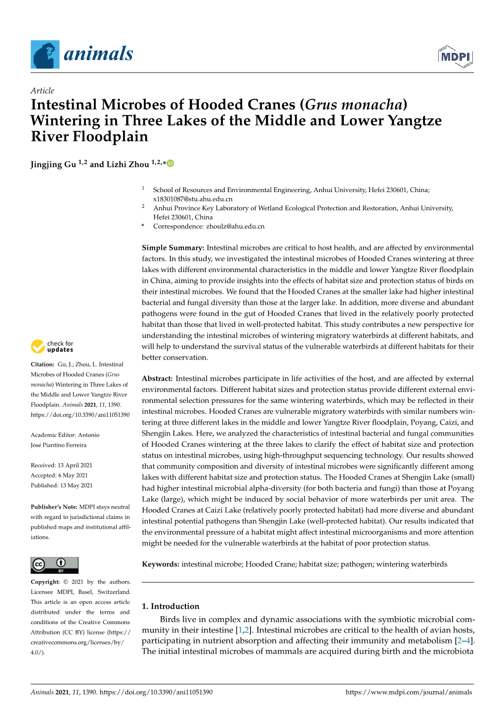 Intestinal Microbes of Hooded Cranes (Grus Monacha) Wintering in Three Lakes of the Middle and Lower Yangtze River Floodplain