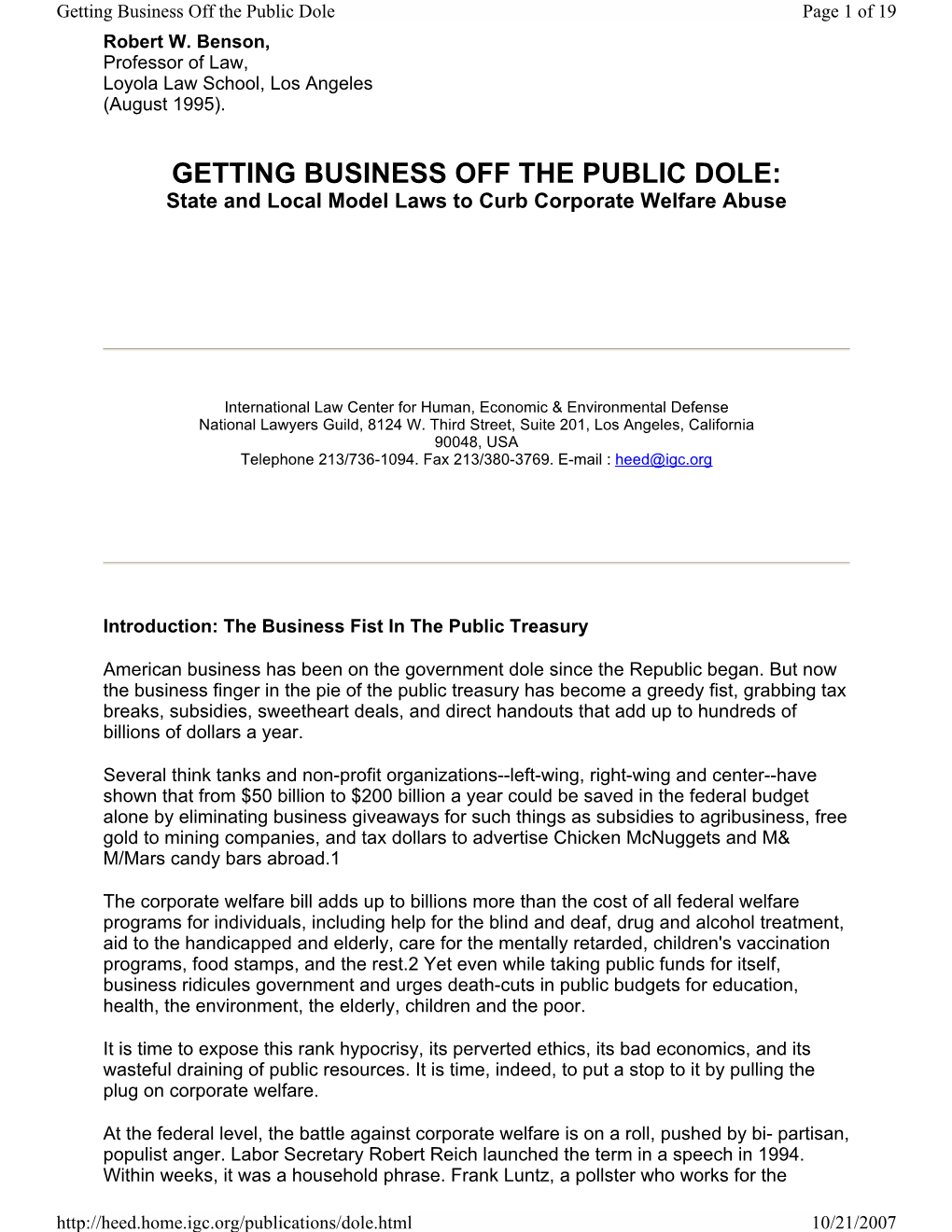 GETTING BUSINESS OFF the PUBLIC DOLE: State and Local Model Laws to Curb Corporate Welfare Abuse