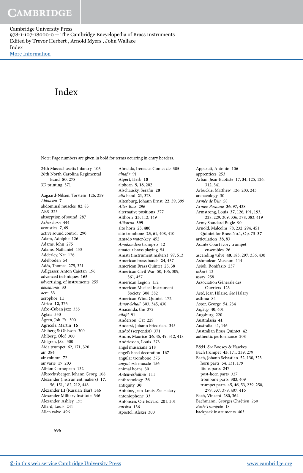 The Cambridge Encyclopedia of Brass Instruments Edited by Trevor Herbert , Arnold Myers , John Wallace Index More Information