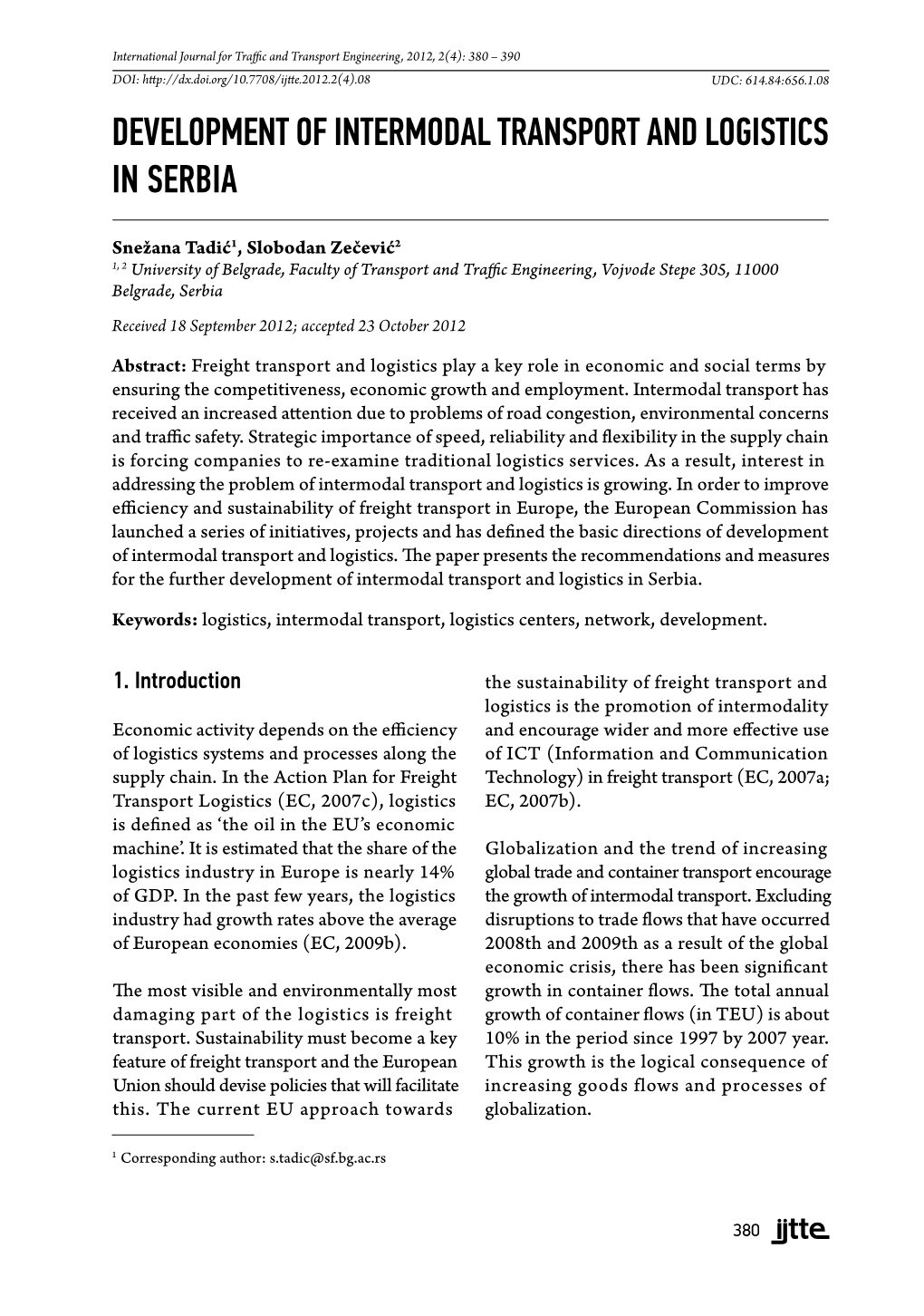 Development of Intermodal Transport and Logistics in Serbia