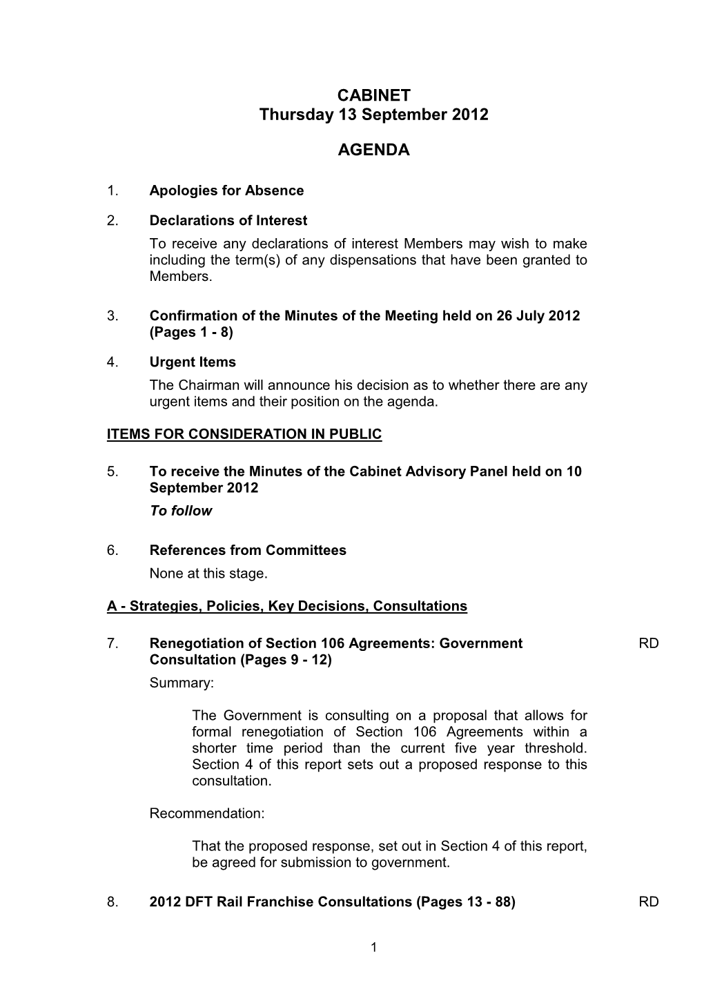 CABINET Thursday 13 September 2012 AGENDA