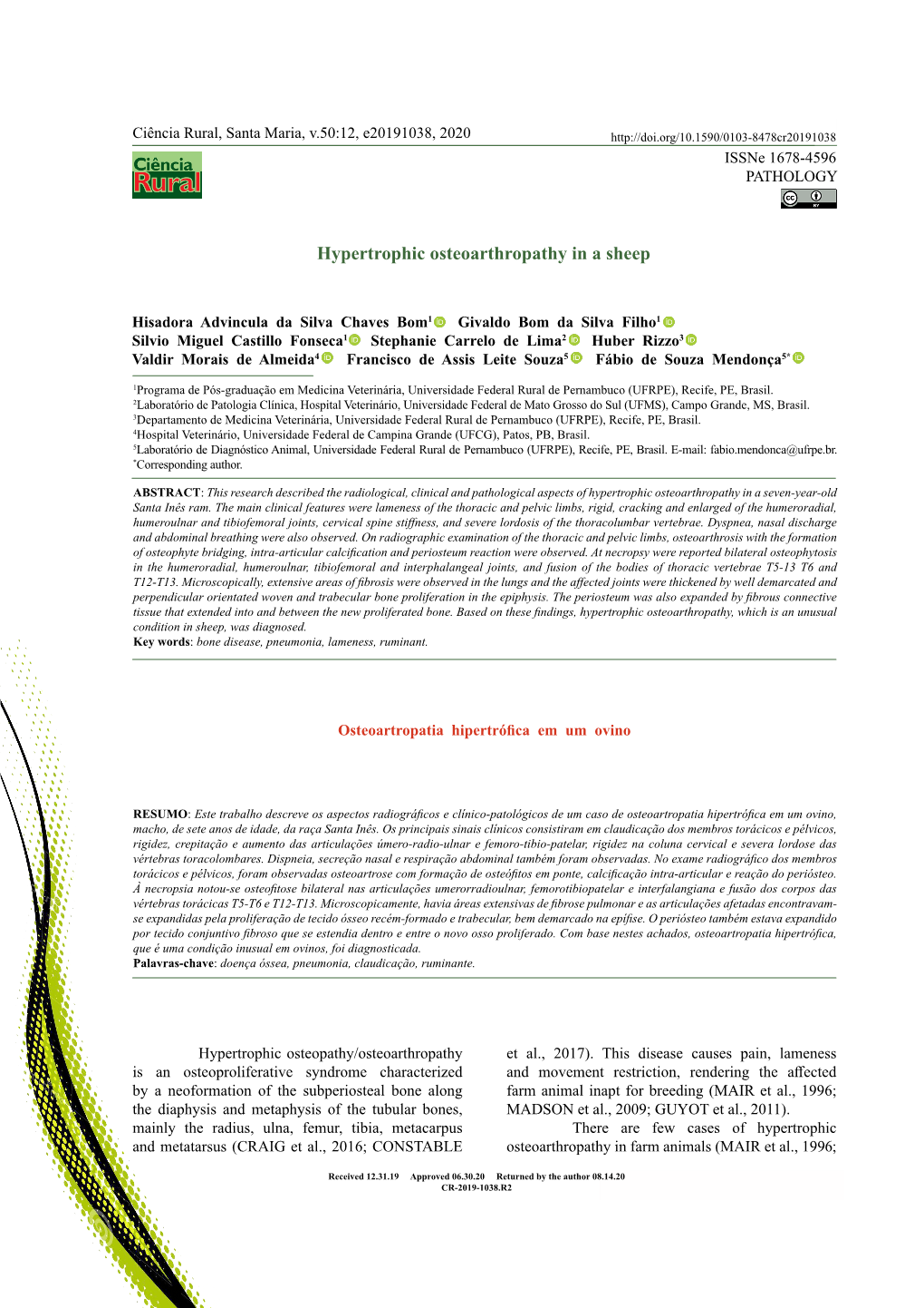 Hypertrophic Osteoarthropathy in a Sheep