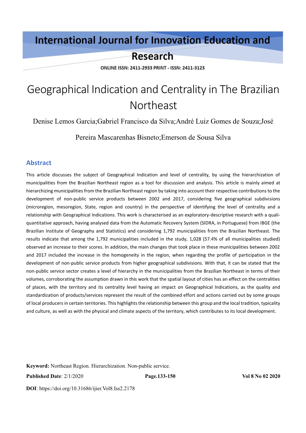 Geographical Indication and Centrality in the Brazilian Northeast