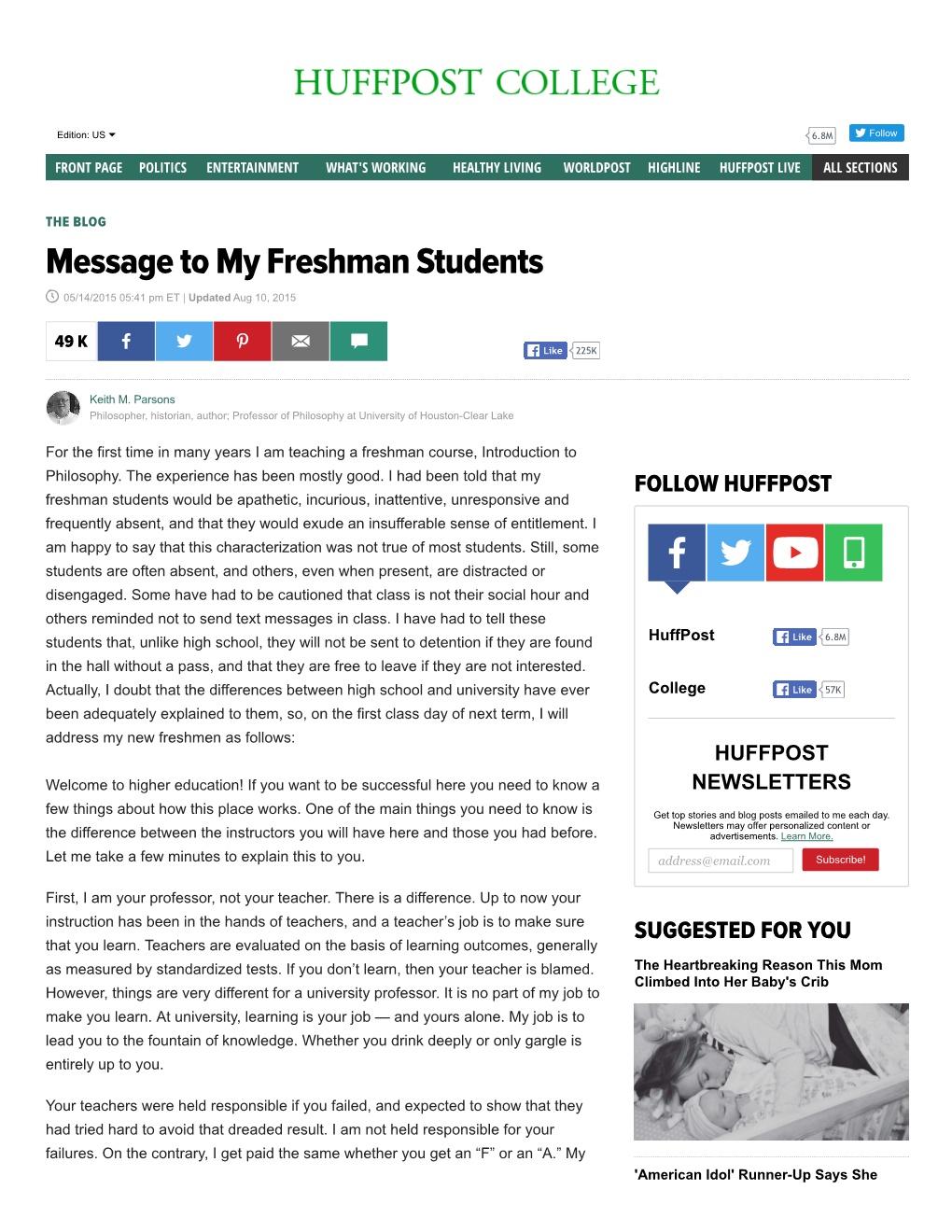 Message to My Freshman Students  05/14/2015 05:41 Pm ET | Updated Aug 10, 2015