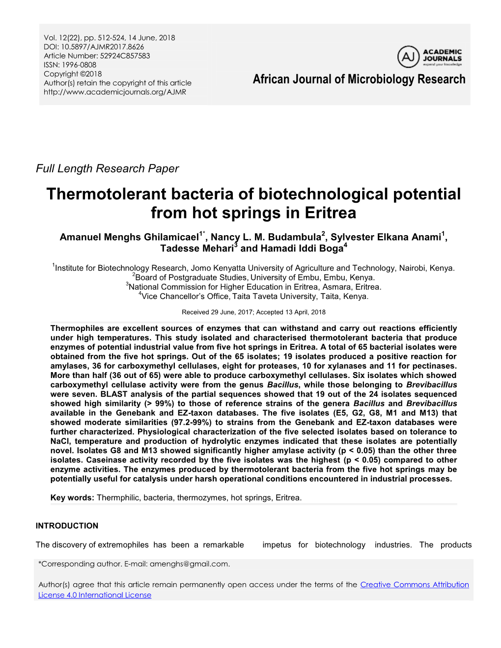 Thermotolerant Bacteria of Biotechnological Potential from Hot Springs in Eritrea