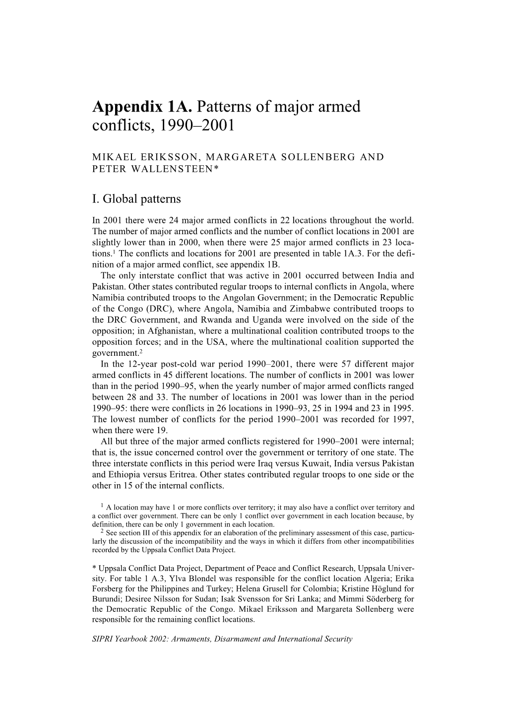 Appendix 1A. Patterns of Major Armed Conflicts, 1990–2001