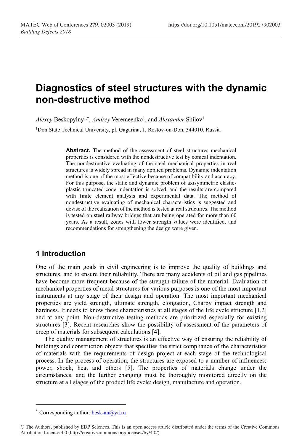 Diagnostics of Steel Structures with the Dynamic Non-Destructive Method