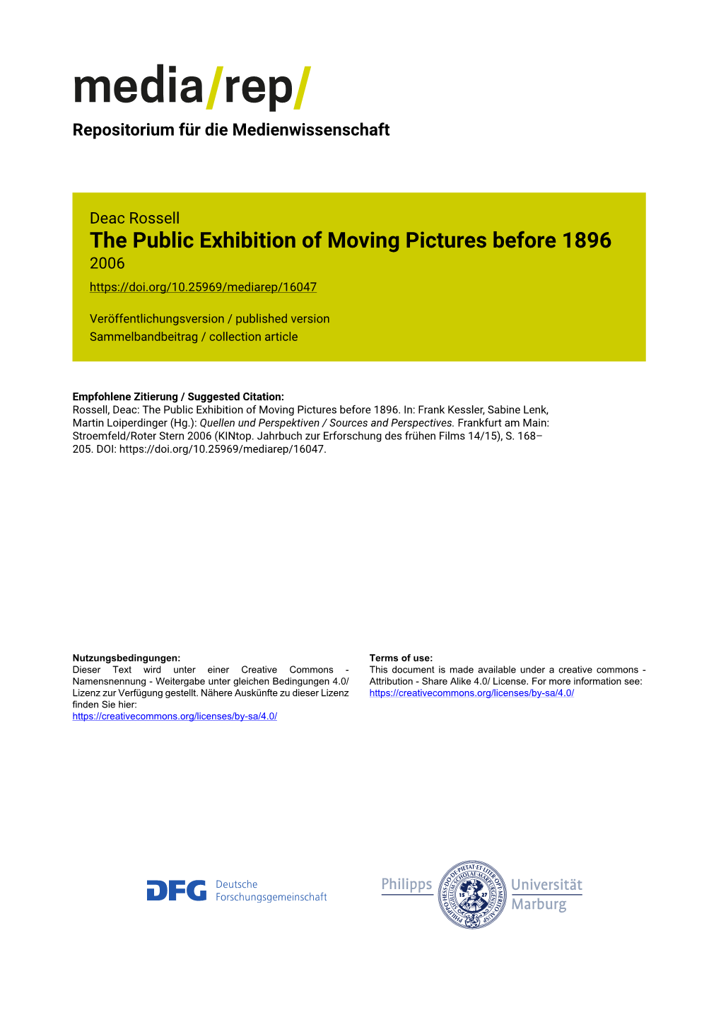 The Public Exhibition of Moving Pictures Before 1896 2006