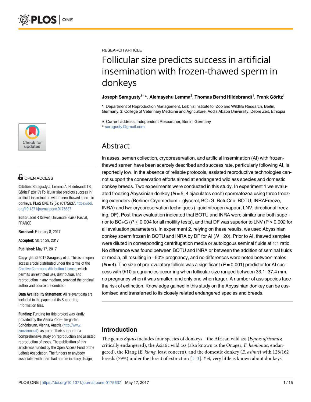 Follicular Size Predicts Success in Artificial Insemination with Frozen-Thawed Sperm in Donkeys