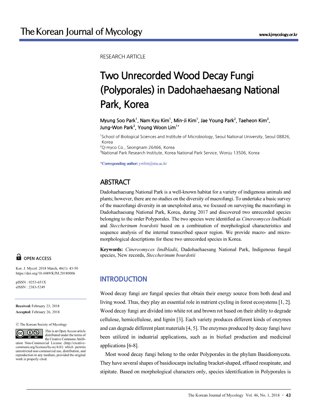 Two Unrecorded Wood Decay Fungi (Polyporales) in Dadohaehaesang National Park, Korea