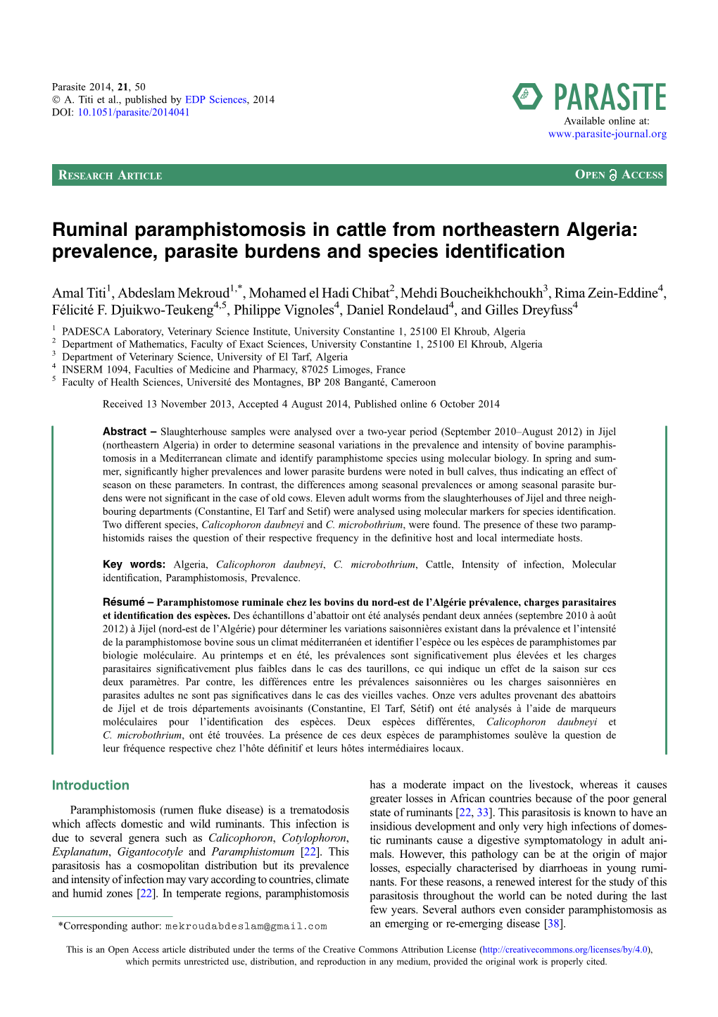 Ruminal Paramphistomosis in Cattle from Northeastern Algeria: Prevalence, Parasite Burdens and Species Identiﬁcation