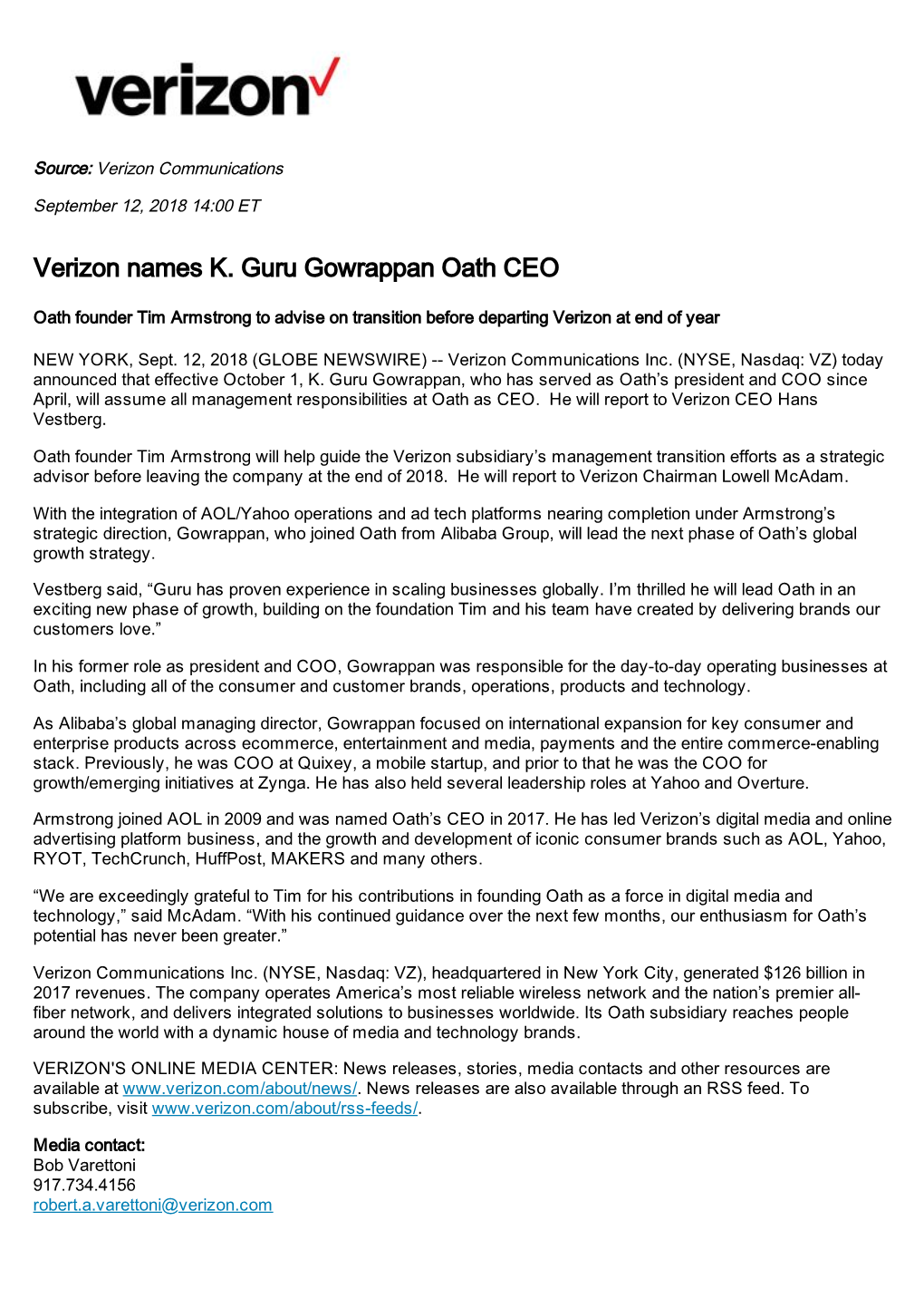Verizon Names K. Guru Gowrappan Oath CEO