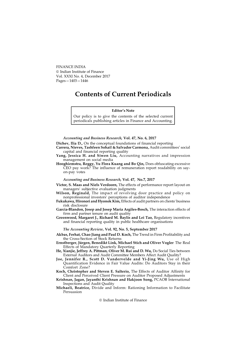 Contents of Current Periodicals 1403