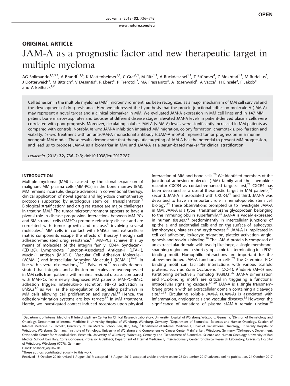JAM-A As a Prognostic Factor and New Therapeutic Target in Multiple Myeloma