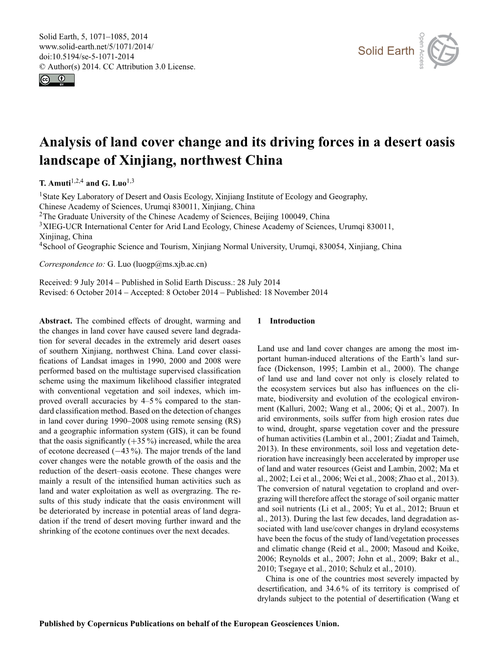 Analysis of Land Cover Change and Its Driving Forces in a Desert Oasis Landscape of Xinjiang, Northwest China