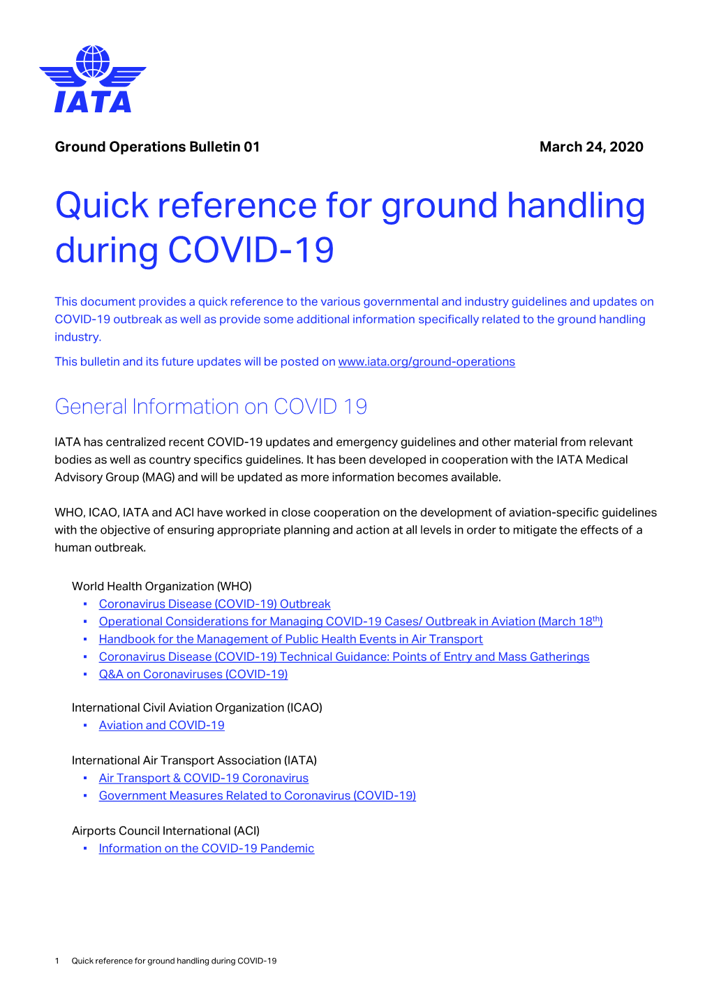 IATA Quick Reference for Ground Handling During COVID-19