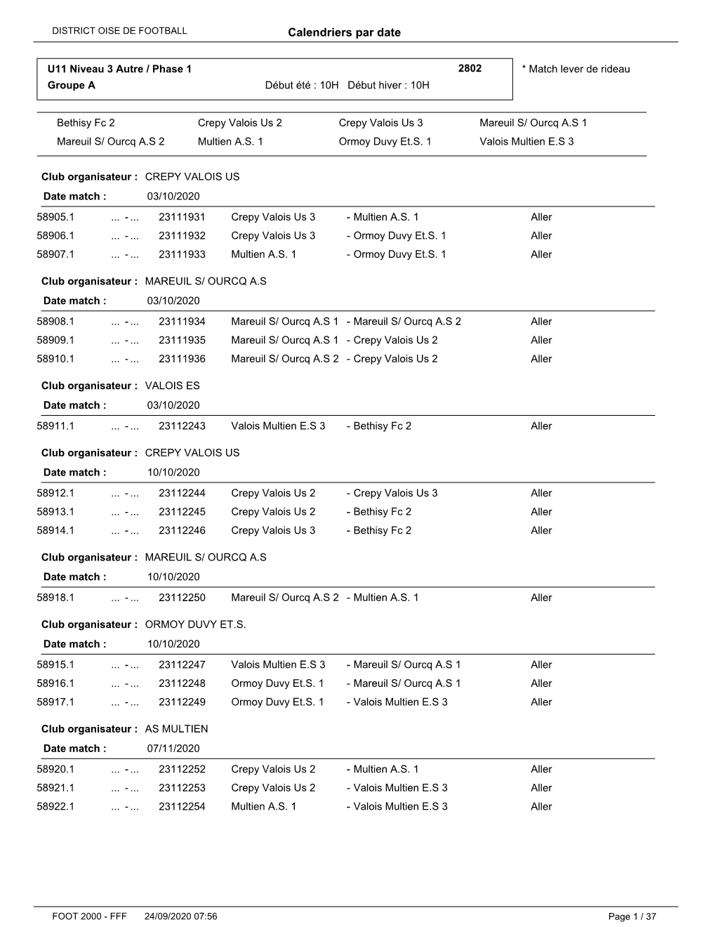 Calendriers U11 Niveau 3