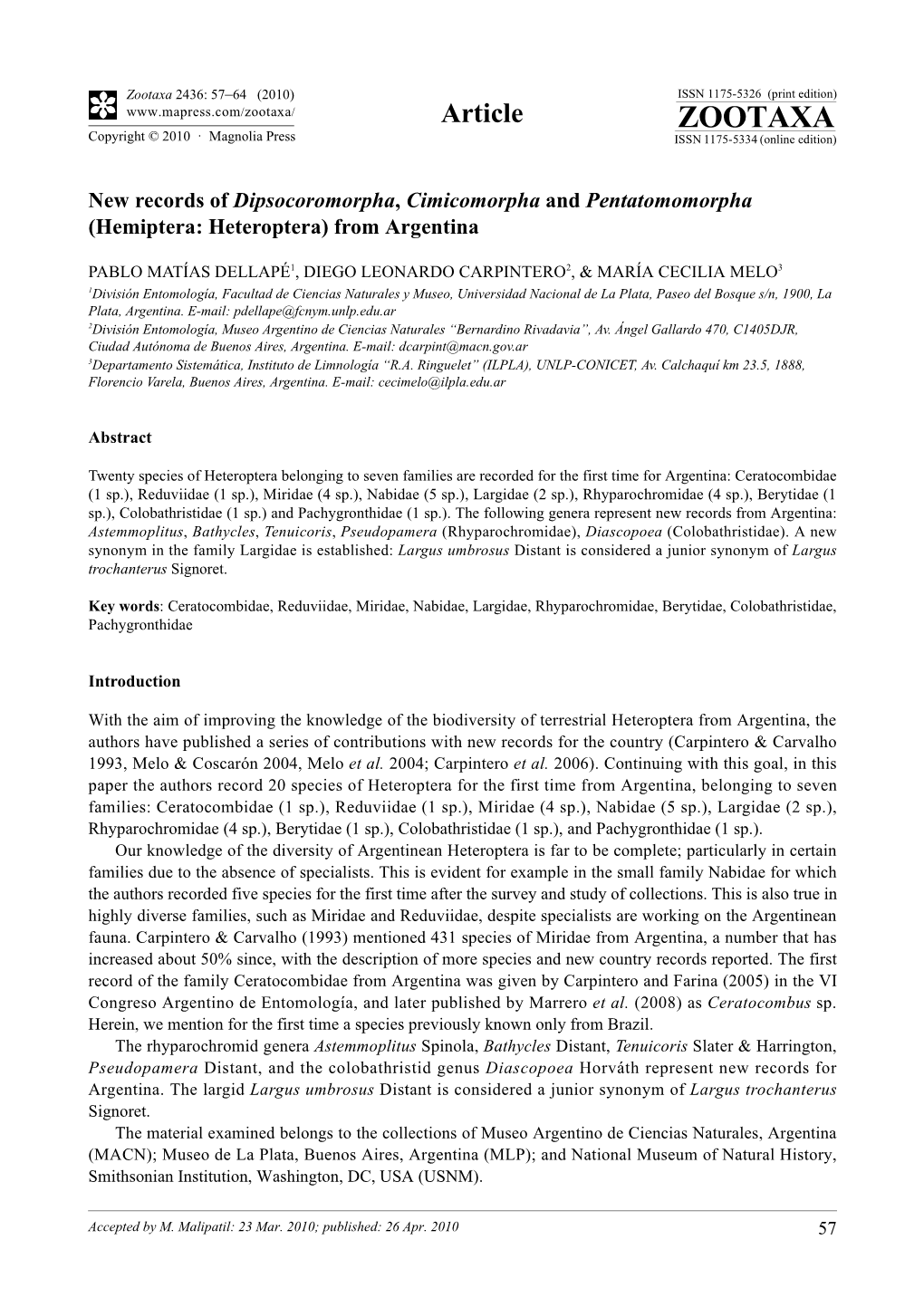 Zootaxa, New Records of Dipsocoromorpha