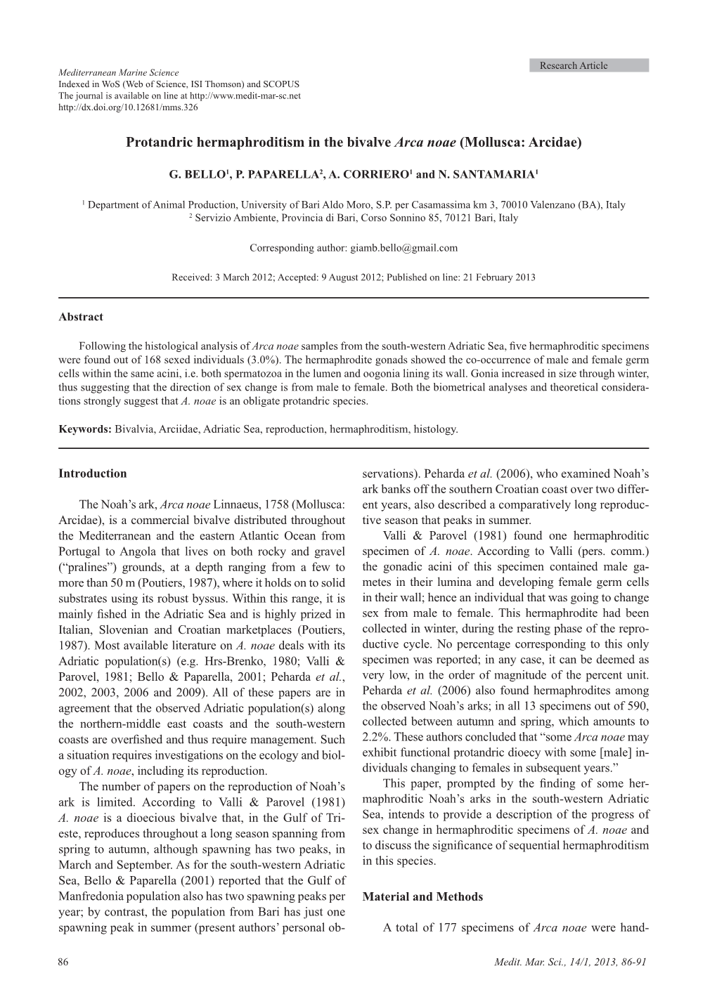 Protandric Hermaphroditism in the Bivalve Arca Noae (Mollusca: Arcidae)