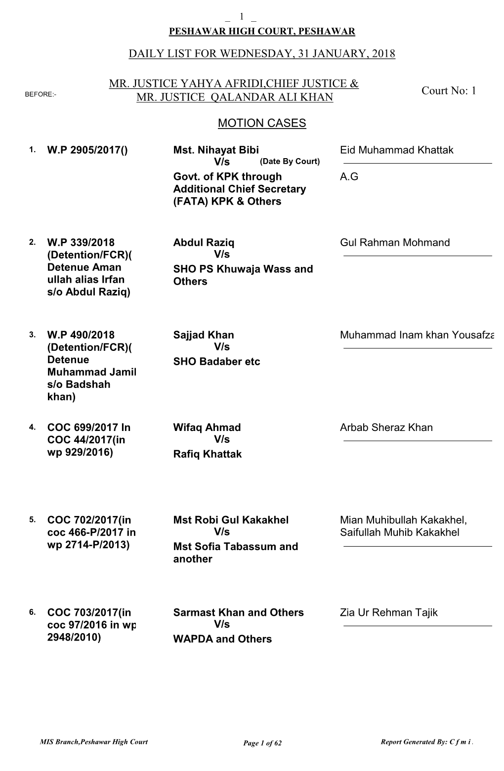 Daily List for Wednesday, 31 January, 2018 Motion Cases