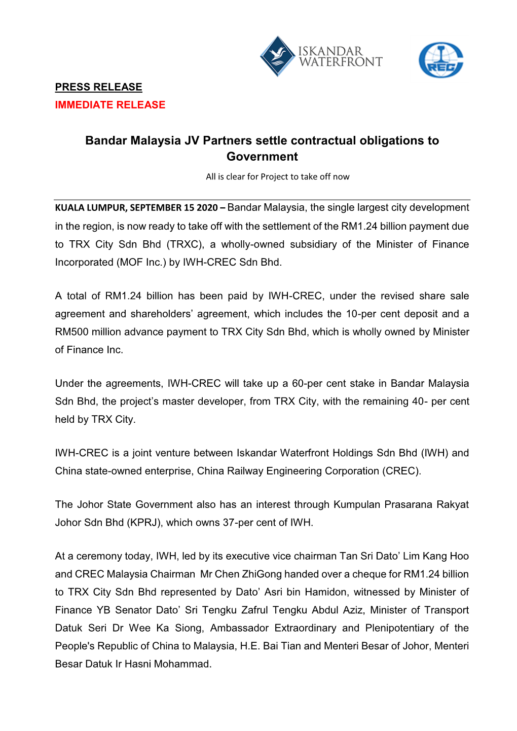 Bandar Malaysia JV Partners Settle Contractual Obligations to Government All Is Clear for Project to Take Off Now