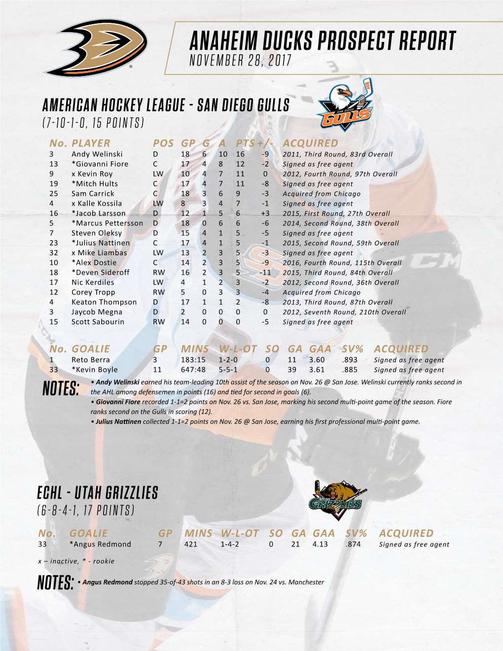 Anaheim Ducks Prospect Report November 28, 2017