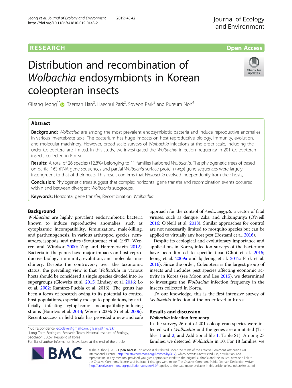 Wolbachia Endosymbionts in Korean Coleopteran Insects Gilsang Jeong1* , Taeman Han2, Haechul Park2, Soyeon Park3 and Pureum Noh4