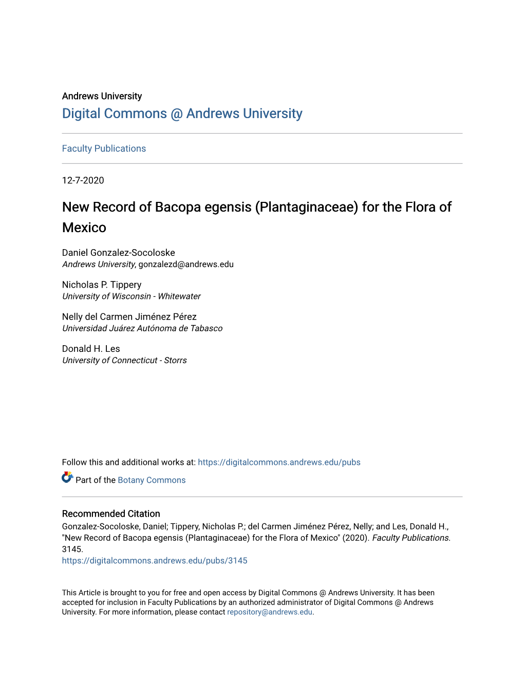 New Record of Bacopa Egensis (Plantaginaceae) for the Flora of Mexico