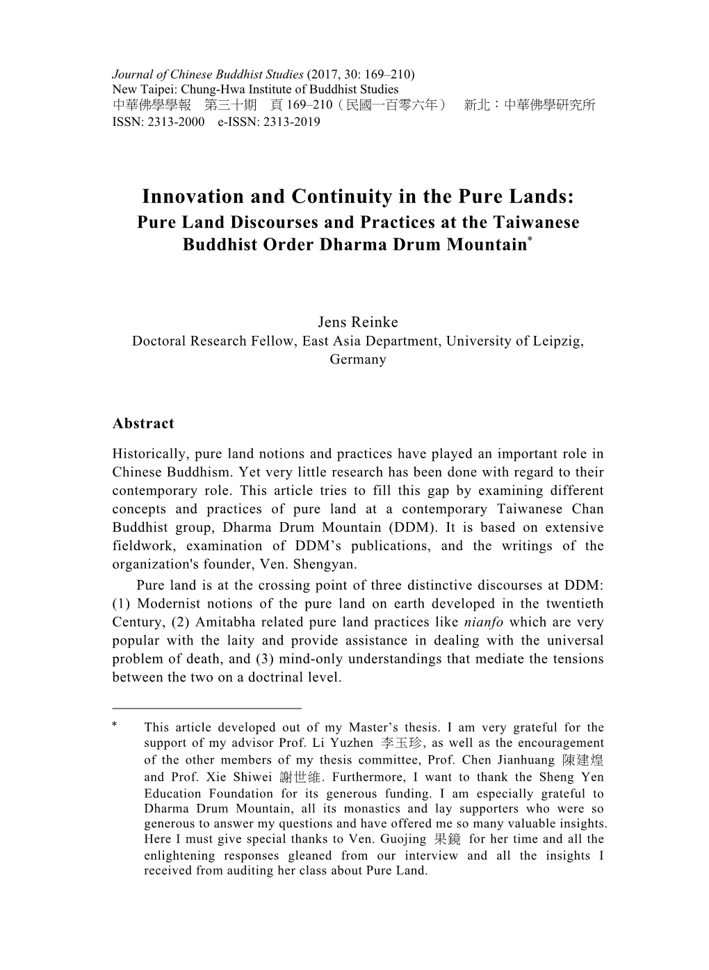 Innovation and Continuity in the Pure Lands: Pure Land Discourses and Practices at the Taiwanese Buddhist Order Dharma Drum Mountain