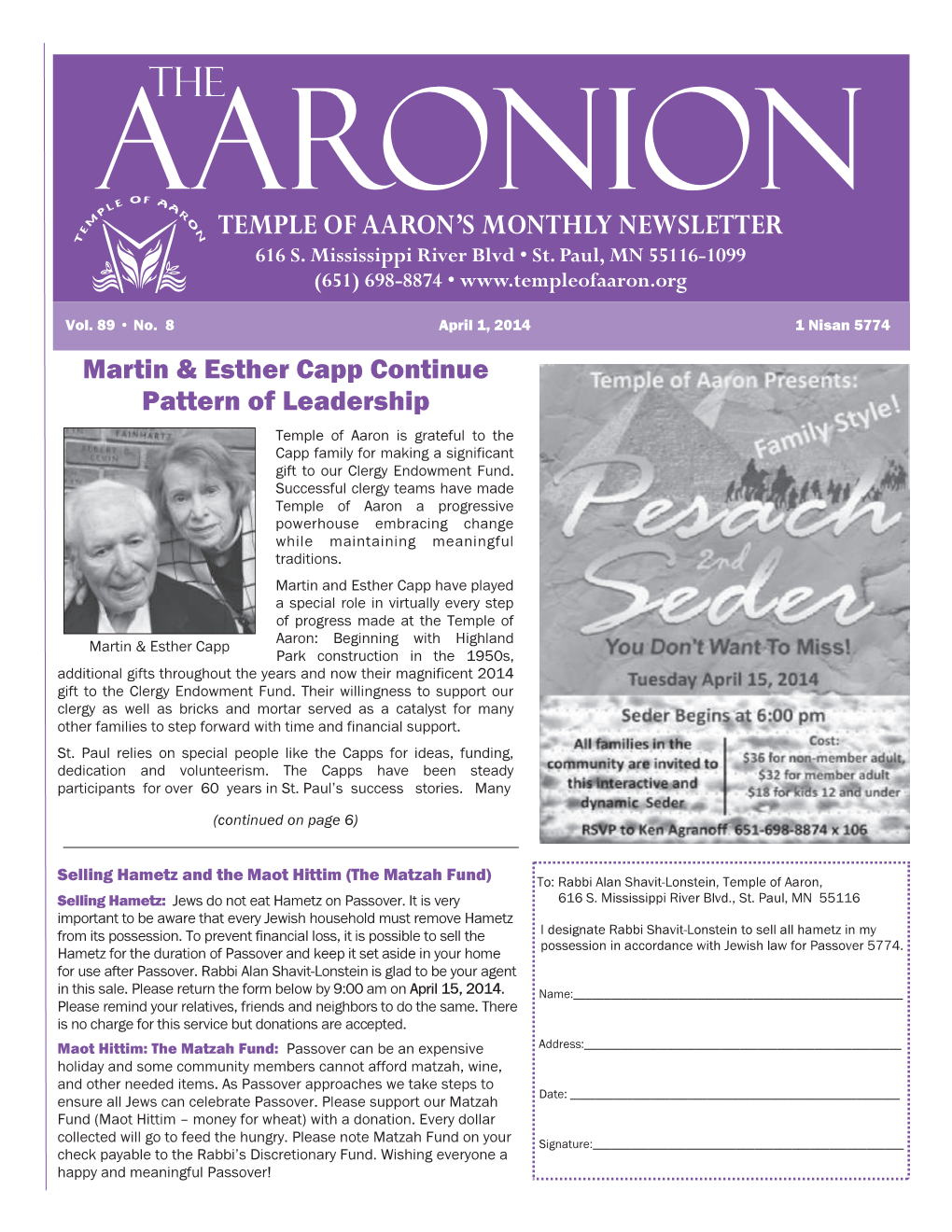 Temple of Aaron's Monthly Newsletter