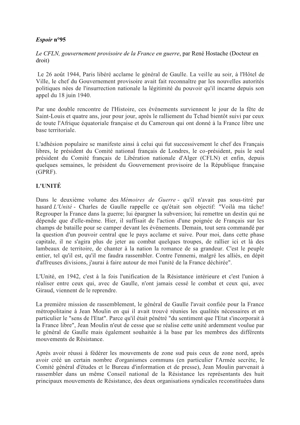 Espoir N°95 Le CFLN, Gouvernement Provisoire De La France En Guerre