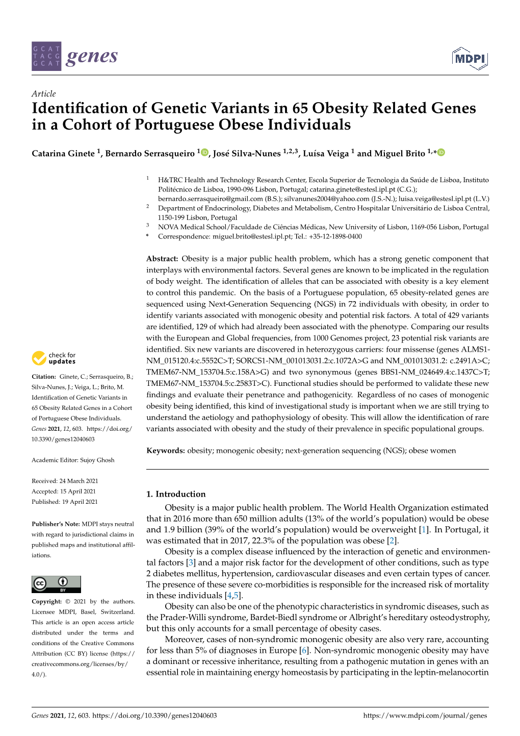 Identification of Genetic Variants in 65 Obesity Related Genes in a Cohort of Portuguese Obese Individuals