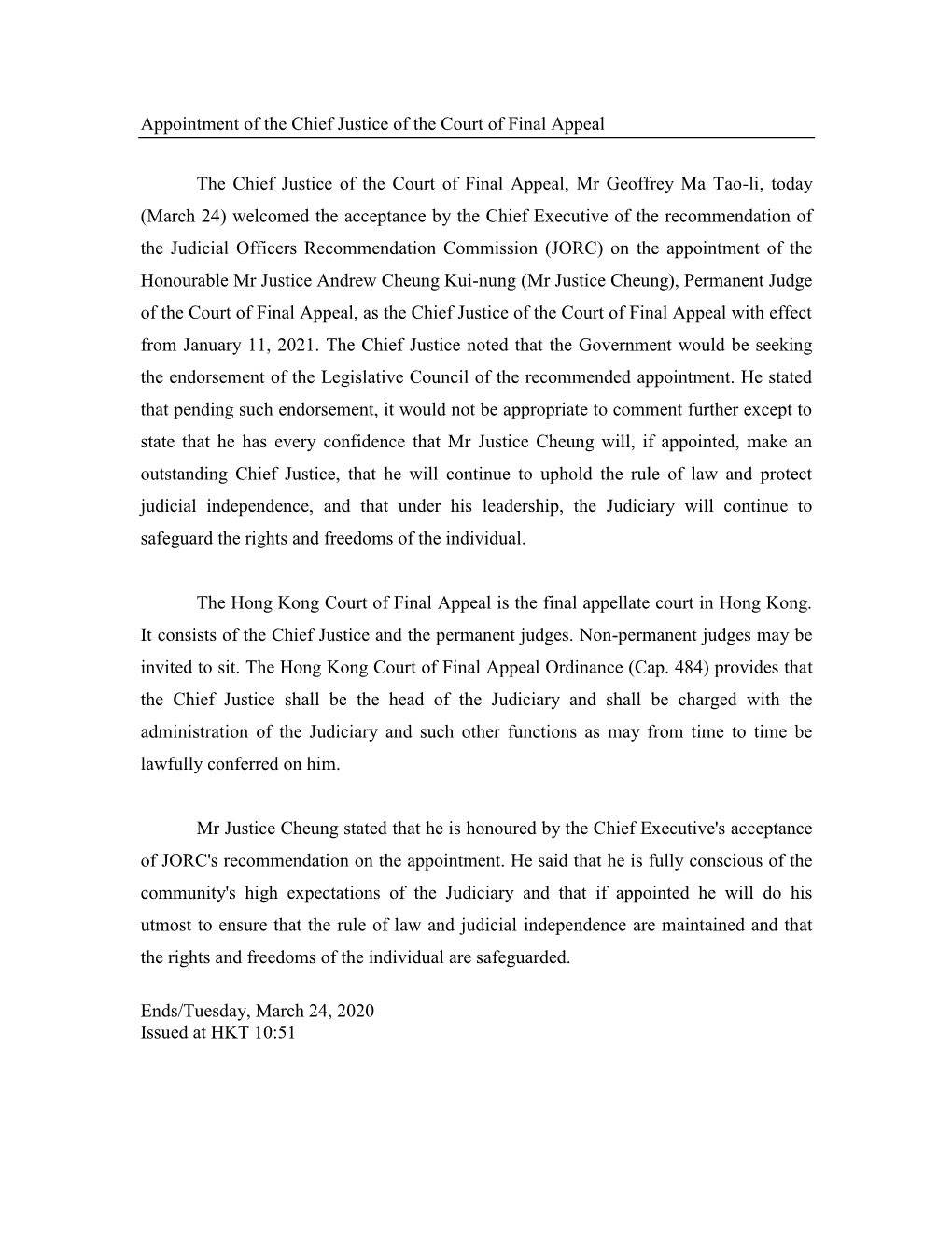 Appointment of the Chief Justice of the Court of Final Appeal