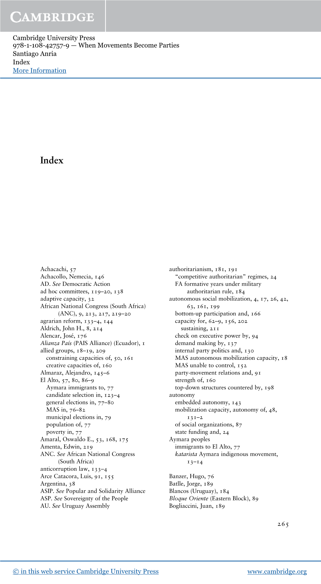 Cambridge University Press 978-1-108-42757-9 — When Movements Become Parties Santiago Anria Index More Information