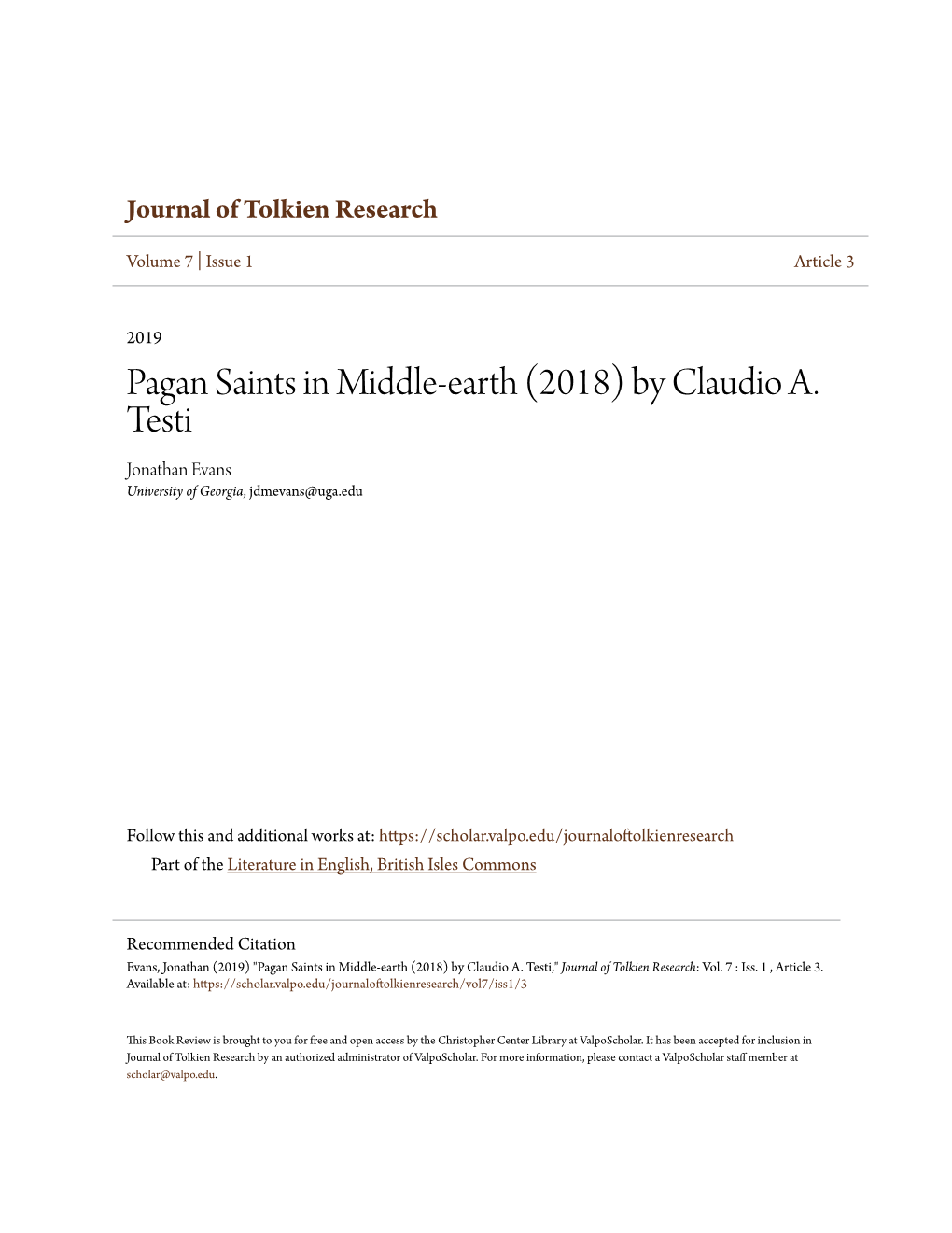 Pagan Saints in Middle-Earth (2018) by Claudio A. Testi Jonathan Evans University of Georgia, Jdmevans@Uga.Edu