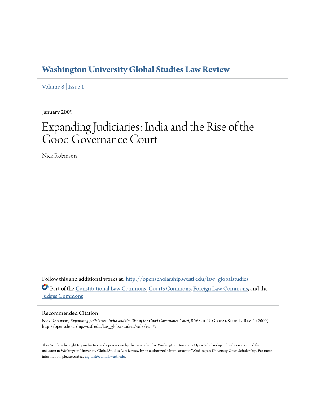 Expanding Judiciaries: India and the Rise of the Good Governance Court Nick Robinson