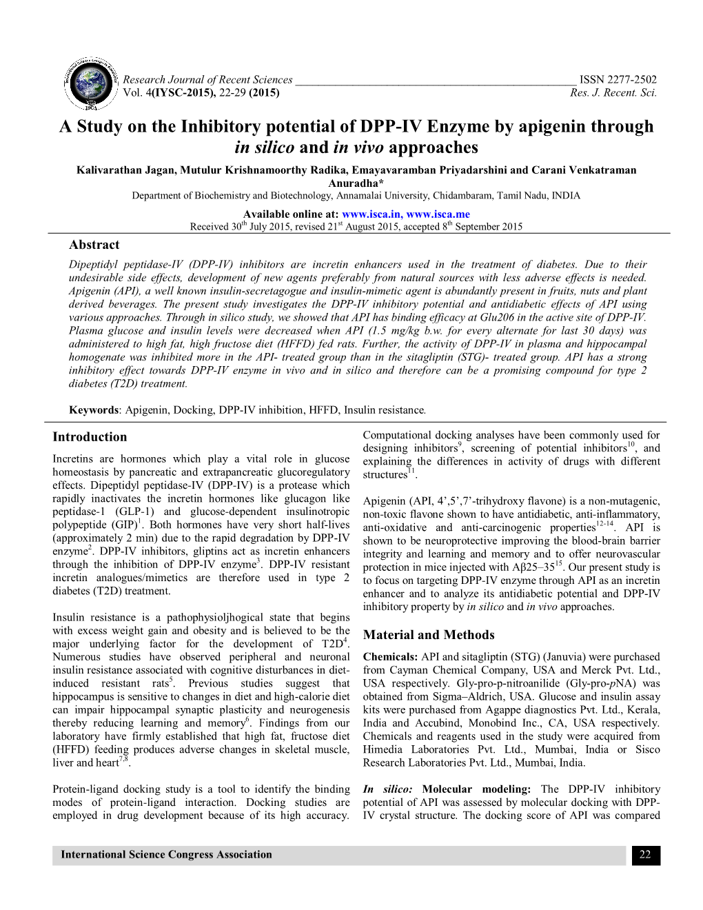 A Study on the Inhibitory Potential of DPP-IV Enzyme by Apigenin