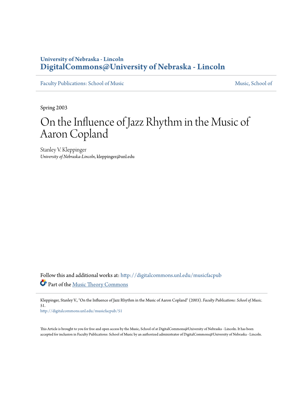 On the Influence of Jazz Rhythm in the Music of Aaron Copland Stanley V