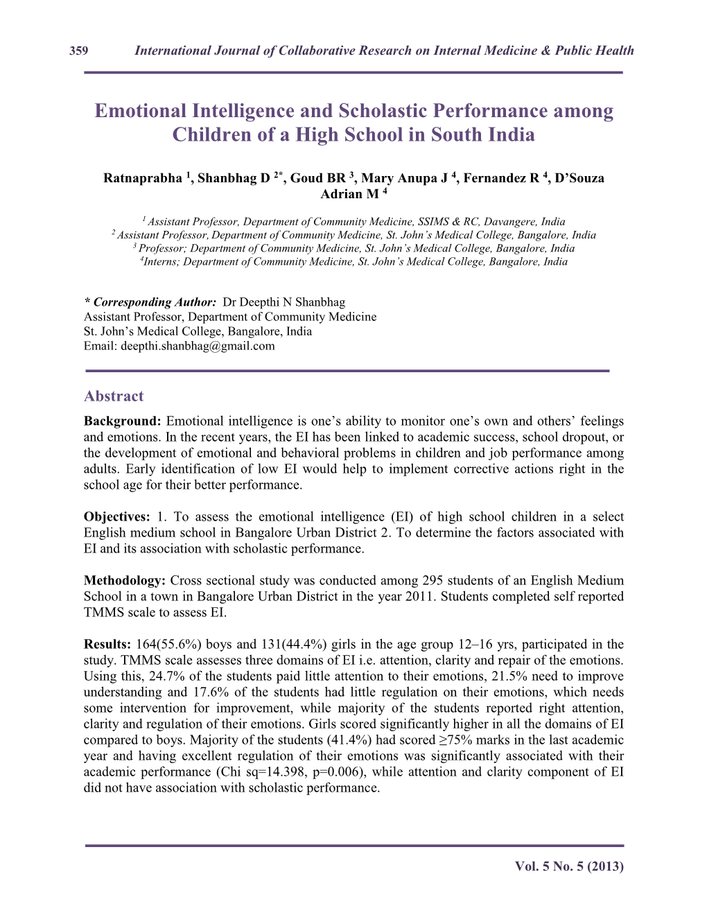 Emotional Intelligence and Scholastic Performance Among Children of a High School in South India