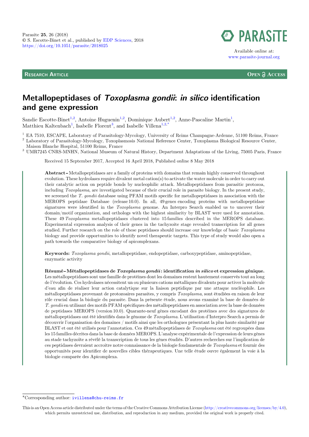 Metallopeptidases of Toxoplasma Gondii: in Silico Identiﬁcation and Gene Expression