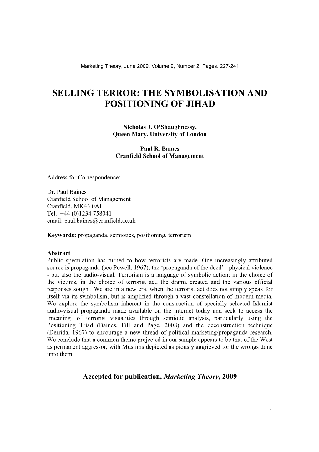 Selling Terror: the Symbolisation and Positioning of Jihad