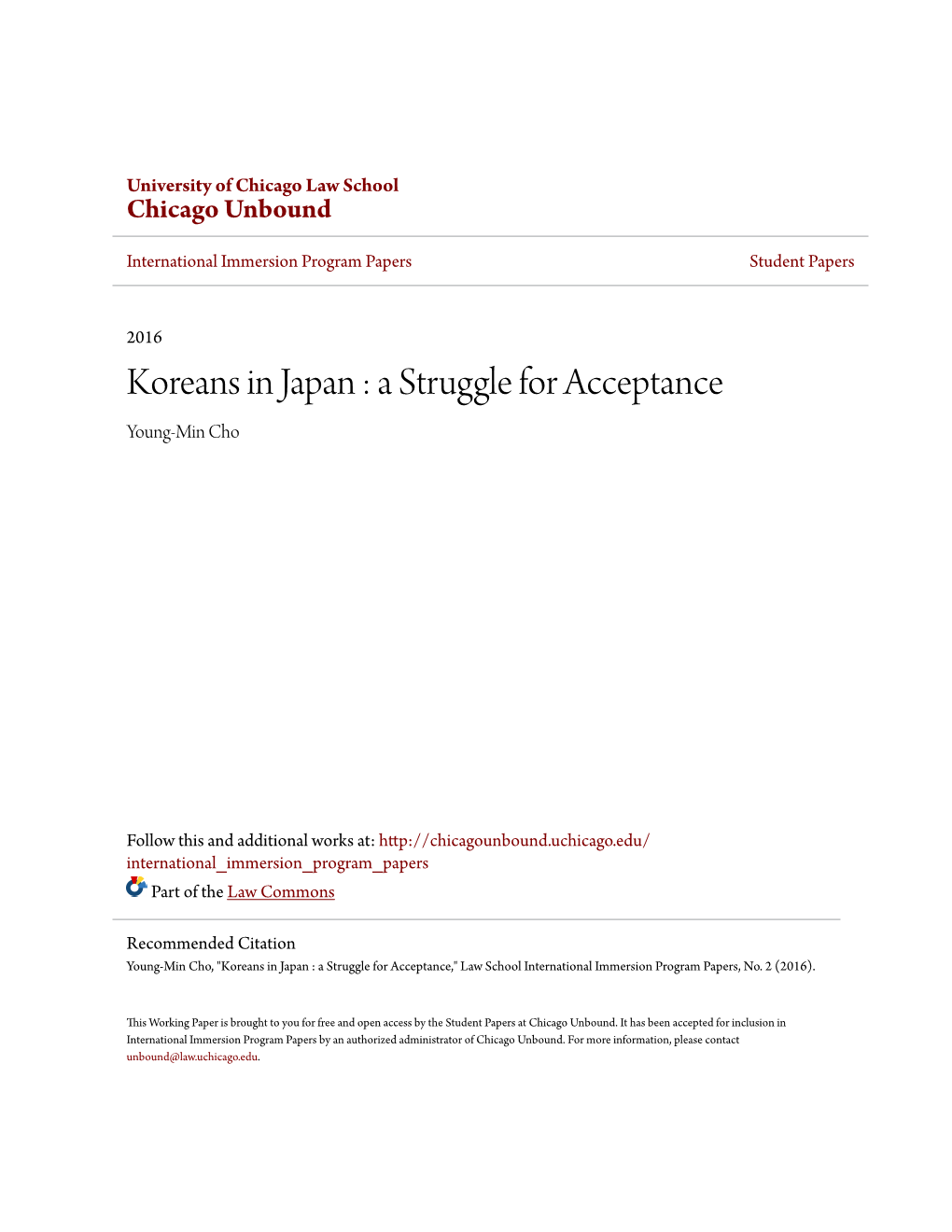 Koreans in Japan : a Struggle for Acceptance Young-Min Cho